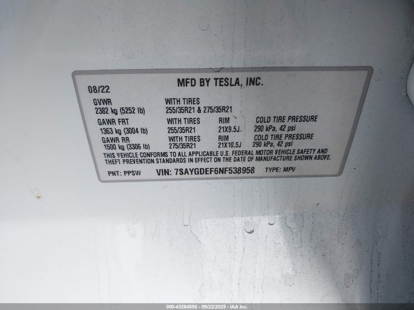 2022 Tesla Model Y Performance Dual Motor All-Wheel Drive VIN: 7SAYGDEF6NF538958 Lot: 43264050