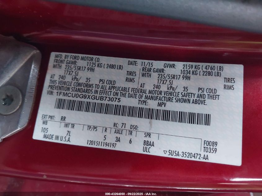 2016 Ford Escape Se VIN: 1FMCU0G9XGUB73075 Lot: 43264058