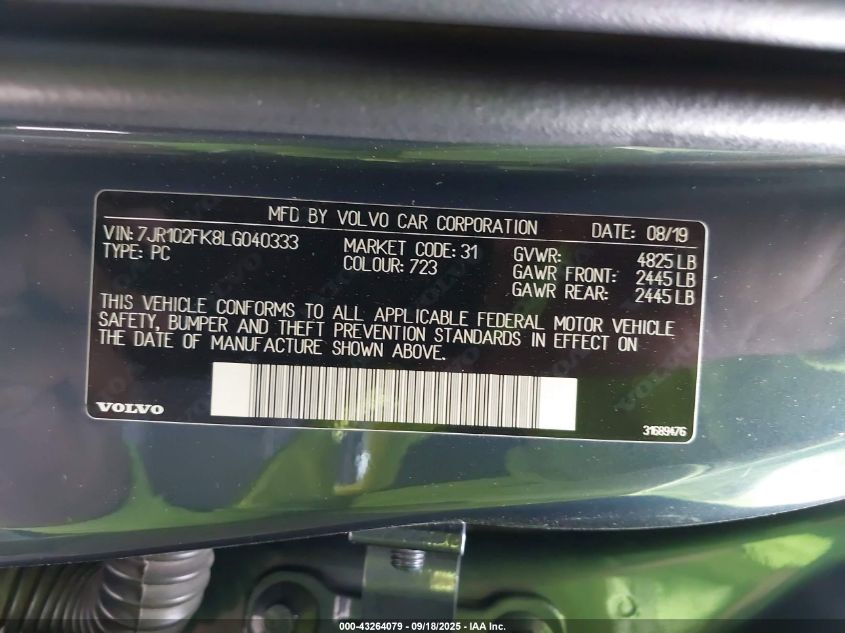 2020 Volvo S60 T5 Momentum VIN: 7JR102FK8LG040333 Lot: 43264079