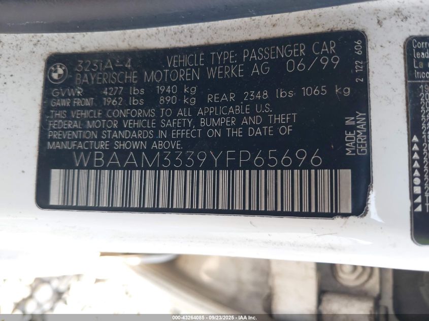 2000 BMW 323I VIN: WBAAM3339YFP65696 Lot: 43264085