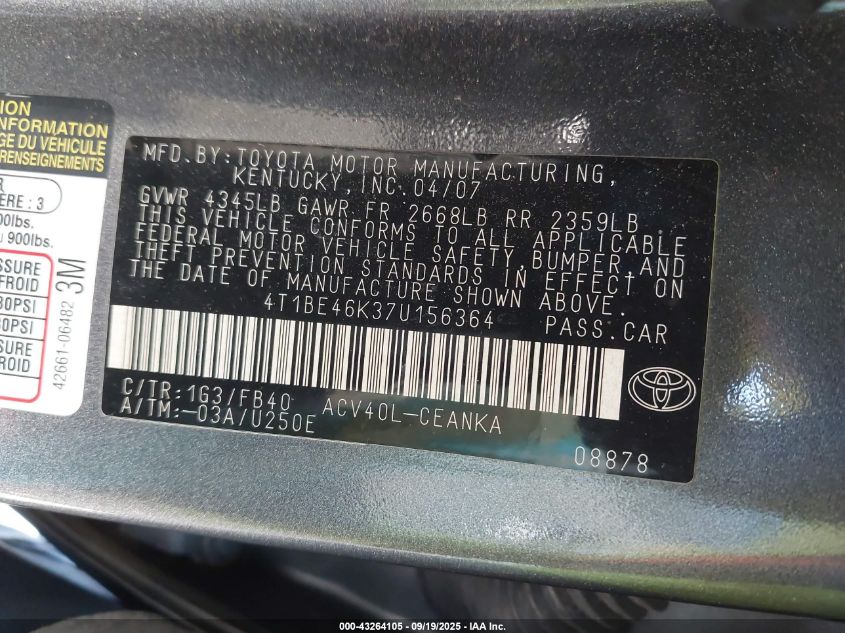 2007 Toyota Camry Le VIN: 4T1BE46K37U156364 Lot: 43264105