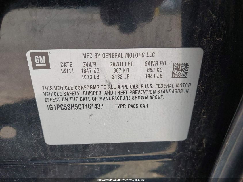 2012 Chevrolet Cruze Ls VIN: 1G1PC5SH5C7161437 Lot: 43264124