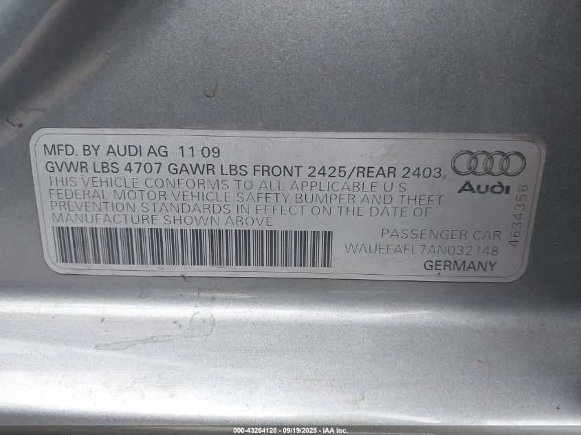 2010 Audi A4 2.0T Premium VIN: WAUEFAFL7AN032148 Lot: 43264128