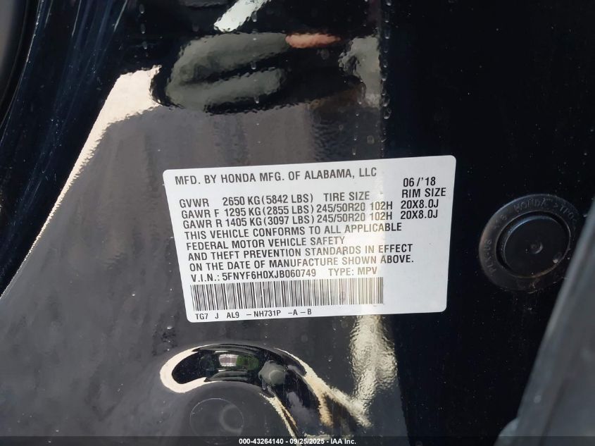 2018 Honda Pilot Elite VIN: 5FNYF6H0XJB060749 Lot: 43264140