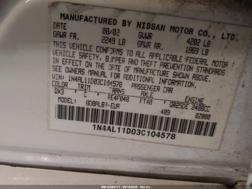 2003 Nissan Altima 2.5 S VIN: 1N4AL11D03C104578 Lot: 43264173