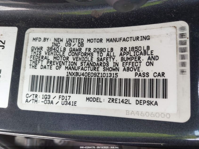 2009 Toyota Corolla S VIN: 1NXBU40E09Z101315 Lot: 43264176