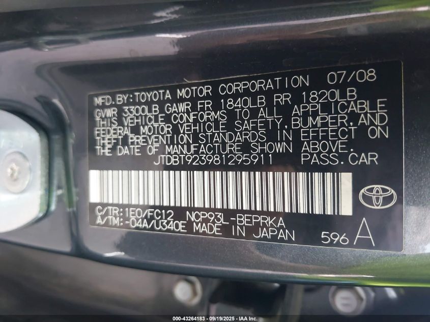 2008 Toyota Yaris VIN: JTDBT923981295911 Lot: 43264183