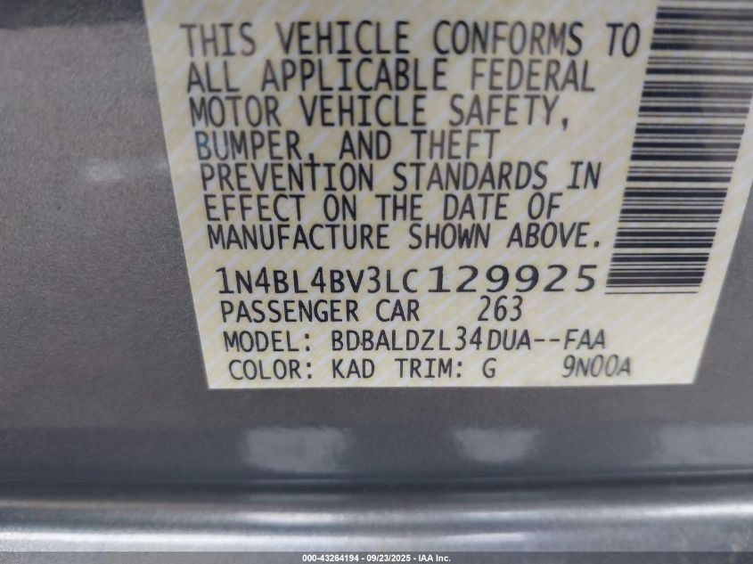 2020 Nissan Altima S Fwd VIN: 1N4BL4BV3LC129925 Lot: 43264194