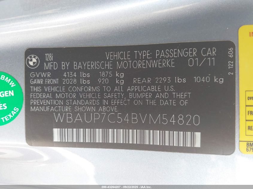 2011 BMW 128I VIN: WBAUP7C54BVM54820 Lot: 43264207