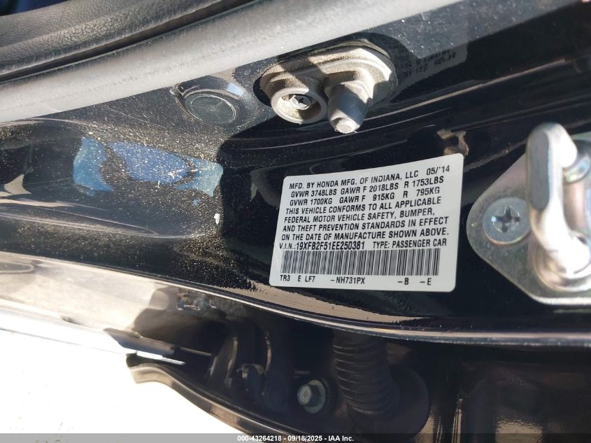 2014 Honda Civic Lx VIN: 19XFB2F51EE250381 Lot: 43264218