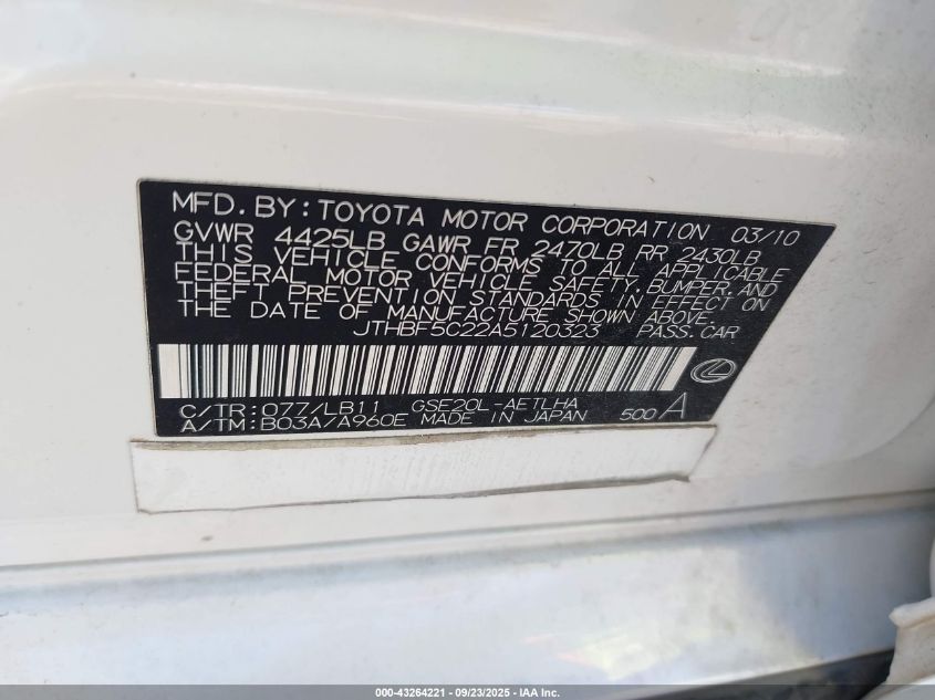 2010 Lexus Is 250 VIN: JTHBF5C22A5120323 Lot: 43264221