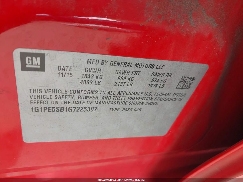 2016 Chevrolet Cruze Limited 1Lt Auto VIN: 1G1PE5SB1G7225307 Lot: 43264224
