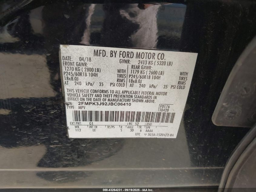 2018 Ford Edge Sel VIN: 2FMPK3J92JBC06410 Lot: 43264231