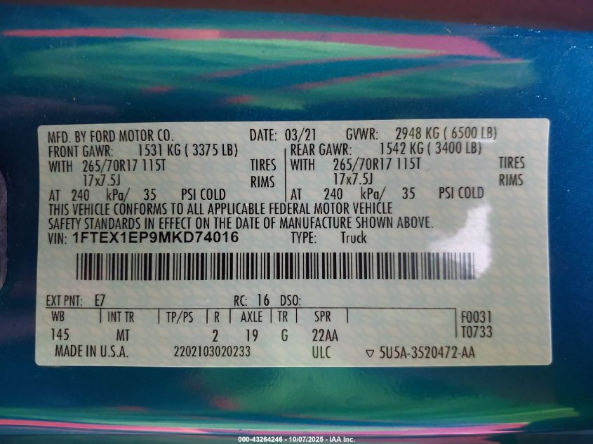 2021 Ford F-150 Xlt VIN: 1FTEX1EP9MKD74016 Lot: 43264246