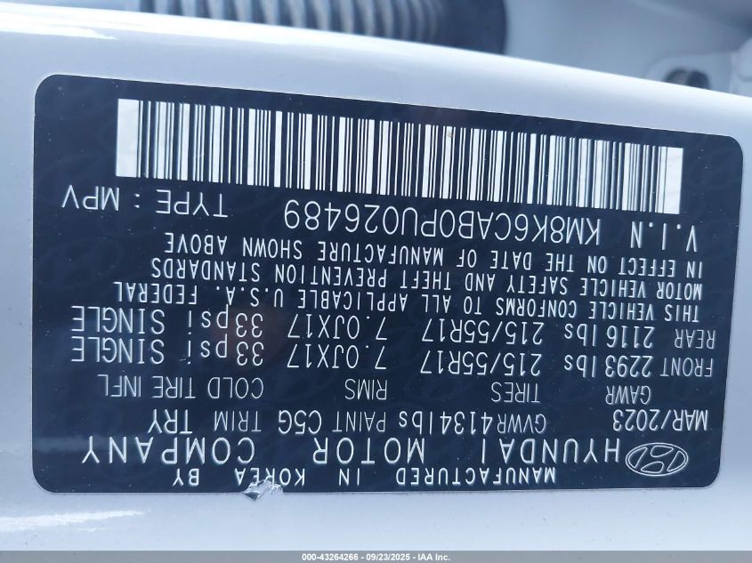 2023 Hyundai Kona Sel VIN: KM8K6CAB0PU026489 Lot: 43264266