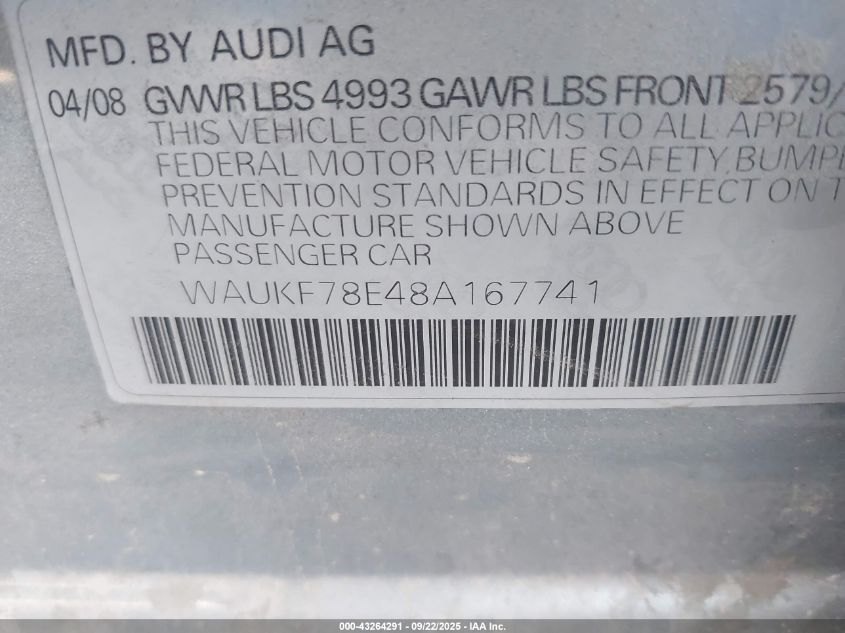 2008 Audi A4 2.0T/2.0T Avant Special Edition VIN: WAUKF78E48A167741 Lot: 43264291