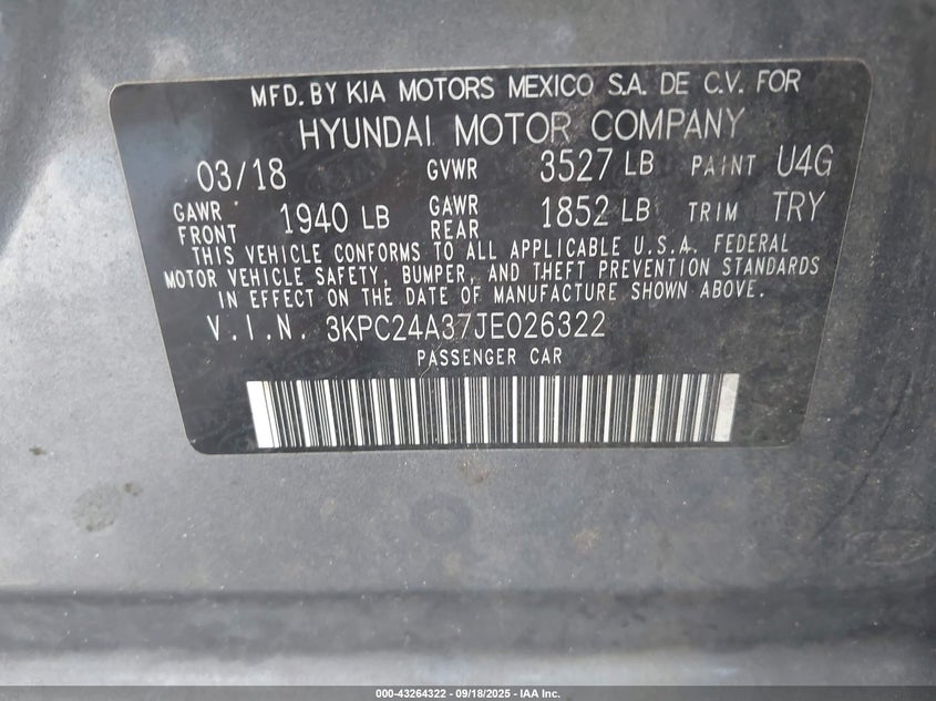 2018 Hyundai Accent 1.6 Se Other Lot 111043264322 Vin 3KPC24A37JE026322