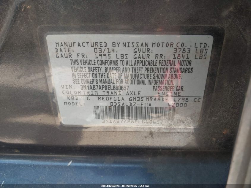 2014 Nissan Sentra Fe+ S/Fe+ Sv/S/Sl/Sr/Sv VIN: 3N1AB7AP8EL660657 Lot: 43264323