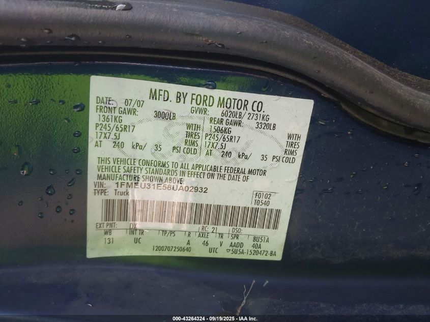 2008 Ford Explorer Sport Trac Xlt VIN: 1FMEU31E58UA02932 Lot: 43264324