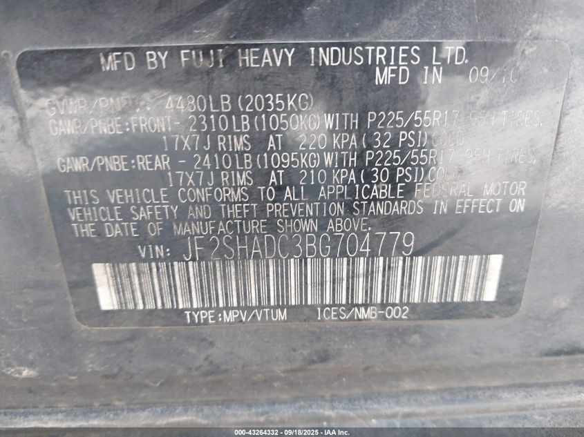 2011 Subaru Forester 2.5X Premium VIN: JF2SHADC3BG704779 Lot: 43264332
