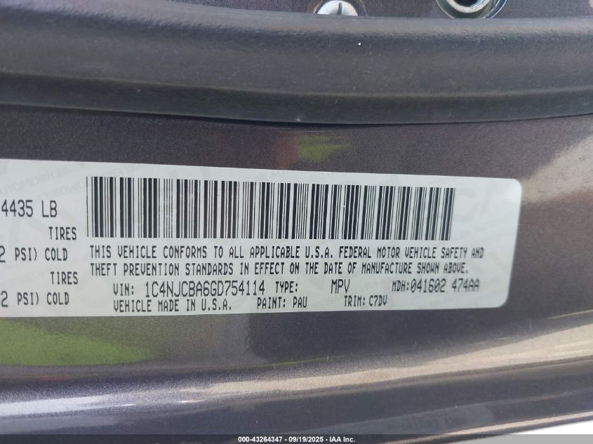 2016 Jeep Compass Sport VIN: 1C4NJCBA6GD754114 Lot: 43264347
