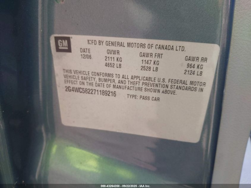 2007 Buick Lacrosse Cx VIN: 2G4WC582271189216 Lot: 43264358