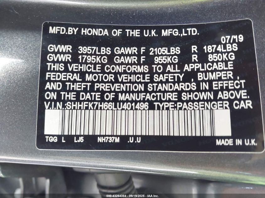 2020 Honda Civic Ex VIN: SHHFK7H66LU401496 Lot: 43264384