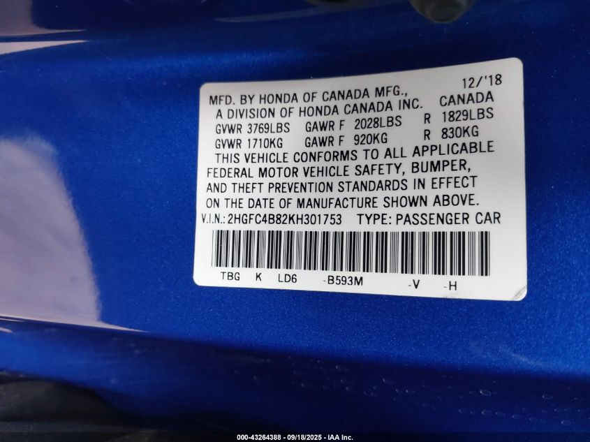 2019 Honda Civic Sport VIN: 2HGFC2F88KH531716 Lot: 43264388