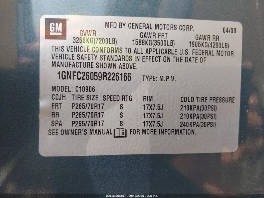 2009 Chevrolet Suburban 1500 Lt2 VIN: 1GNFC26059R226166 Lot: 43264407