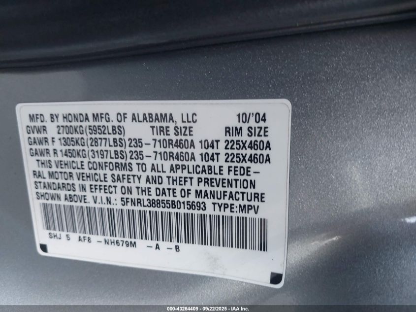 2005 Honda Odyssey Touring VIN: 5FNRL38855B015693 Lot: 43264409