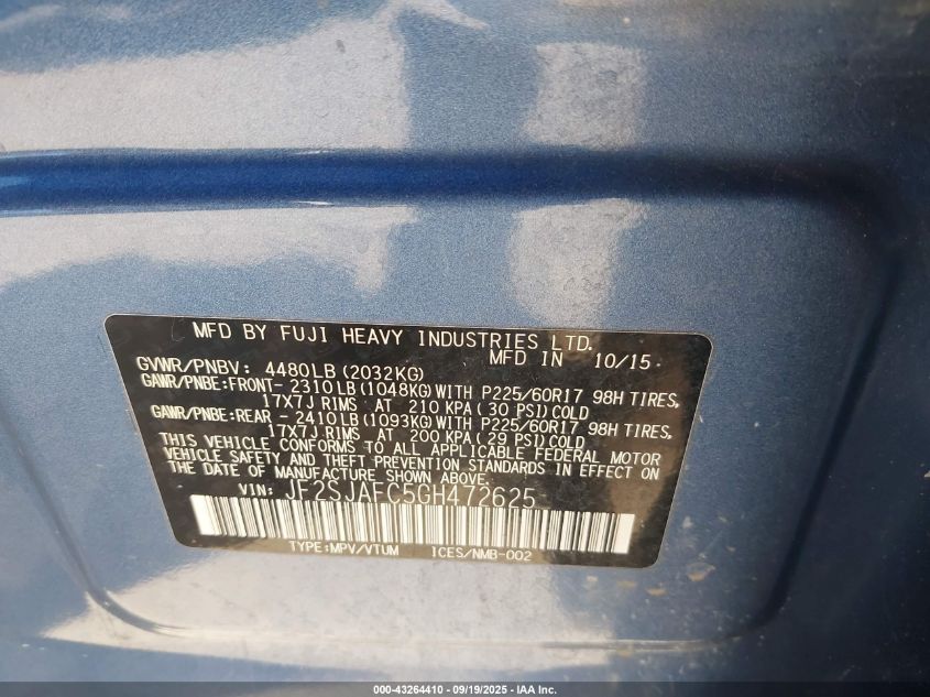 2016 Subaru Forester 2.5I Premium VIN: JF2SJAFC5GH472625 Lot: 43264410