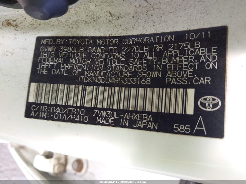 2011 Toyota Prius Five/Four/One/Three/Two VIN: JTDKN3DU4B5333168 Lot: 43264411