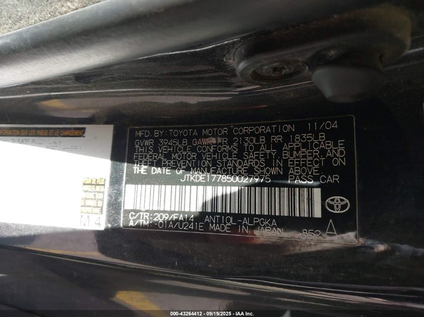 2005 Scion Tc VIN: JTKDE177850027975 Lot: 43264412