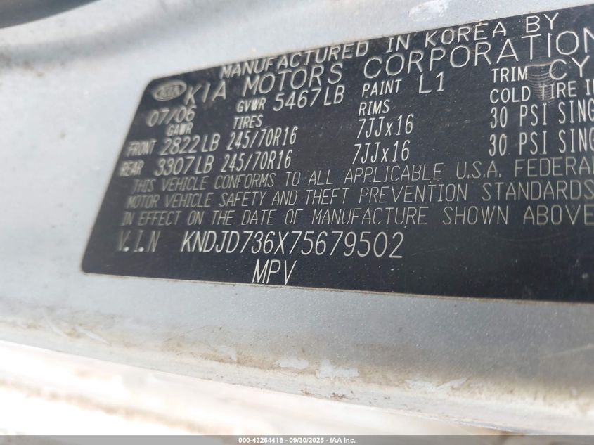2007 Kia Sorento VIN: KNDJD736X75679502 Lot: 43264418