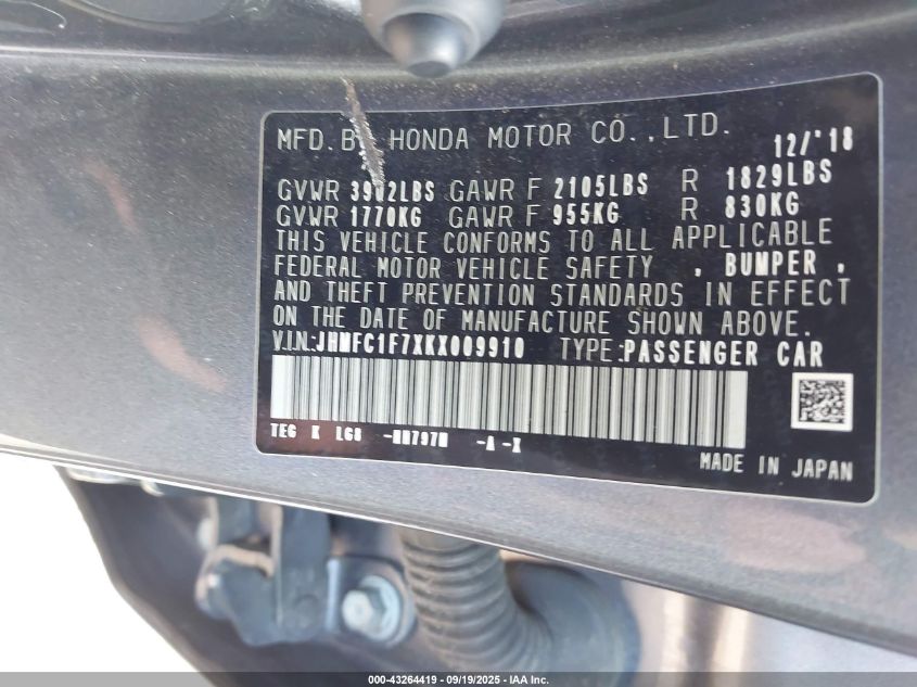 2019 Honda Civic Ex-L VIN: JHMFC1F7XKX009910 Lot: 43264419