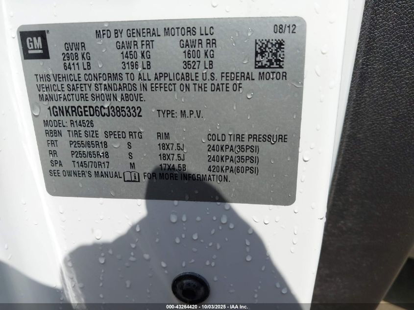 2012 Chevrolet Traverse 1Lt VIN: 1GNKRGED6CJ385332 Lot: 43264420