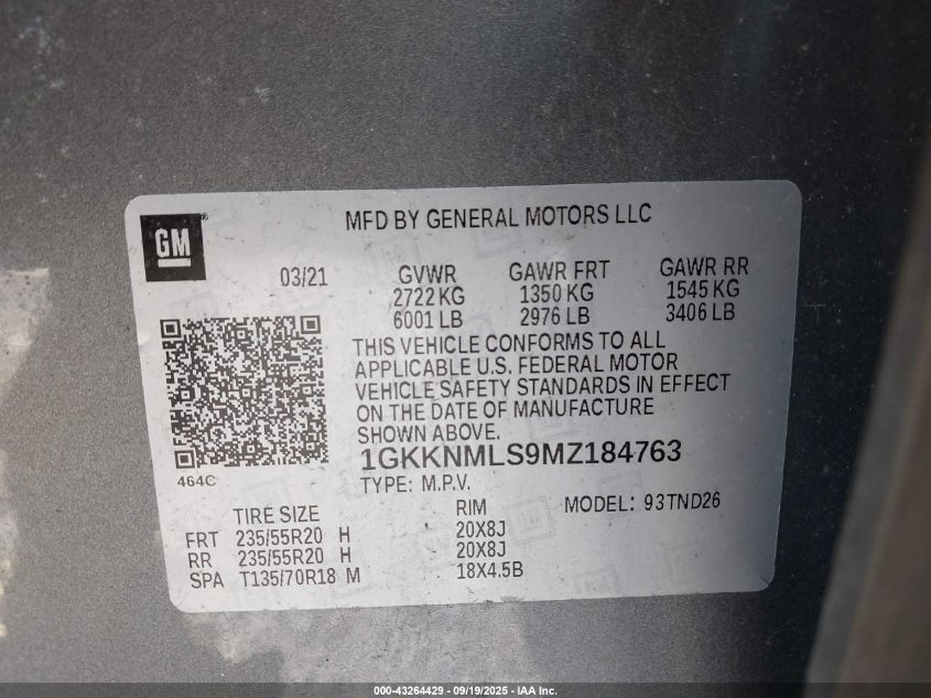 2021 GMC Acadia Fwd Slt VIN: 1GKKNMLS9MZ184763 Lot: 43264429
