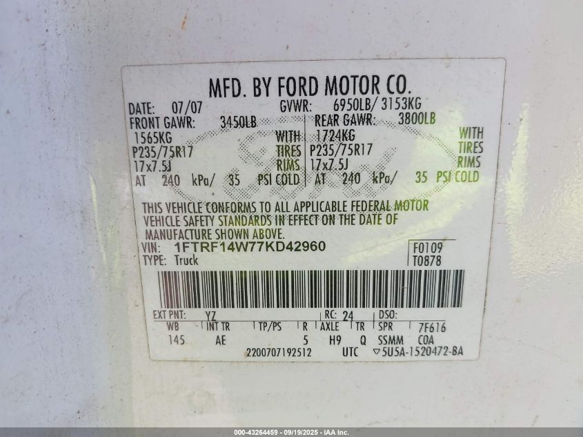 2007 Ford F-150 Stx/Xl/Xlt VIN: 1FTRF14W77KD42960 Lot: 43264459