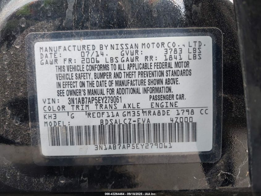 2014 Nissan Sentra S VIN: 3N1AB7AP5EY279061 Lot: 43264464