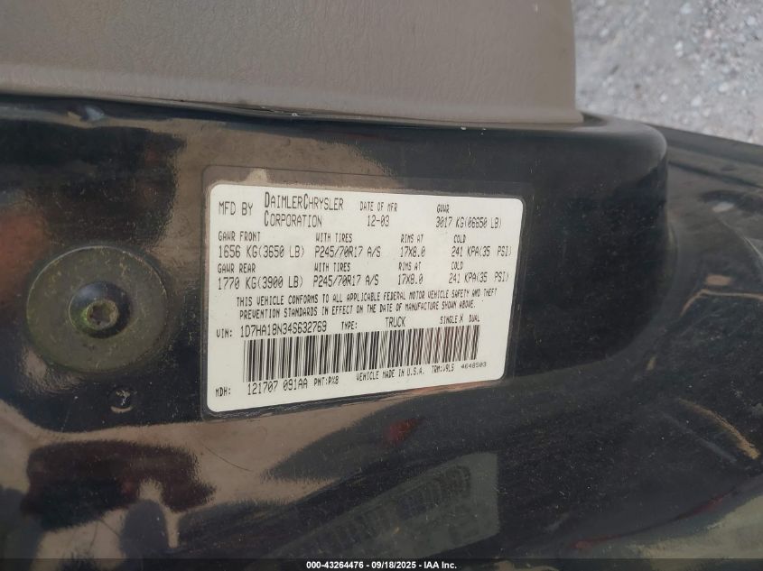 2004 Dodge Ram 1500 Slt/Laramie VIN: 1D7HA18N34S632769 Lot: 43264476