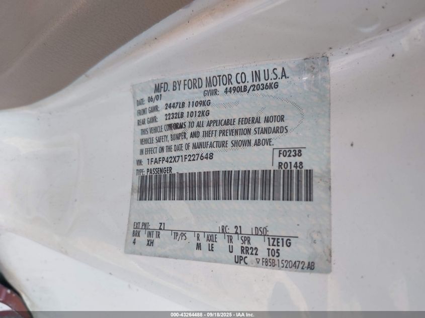 2001 Ford Mustang Gt VIN: 1FAFP42X71F227648 Lot: 43264488