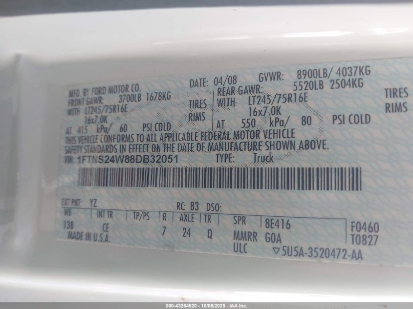 2008 Ford E-250 Commercial/Recreational VIN: 1FTNS24W88DB32051 Lot: 43264520