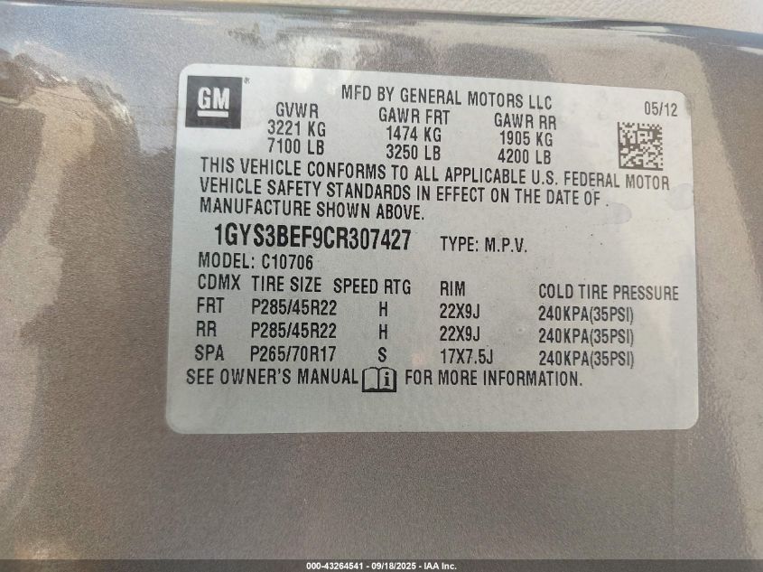 2012 Cadillac Escalade Luxury VIN: 1GYS3BEF9CR307427 Lot: 43264541