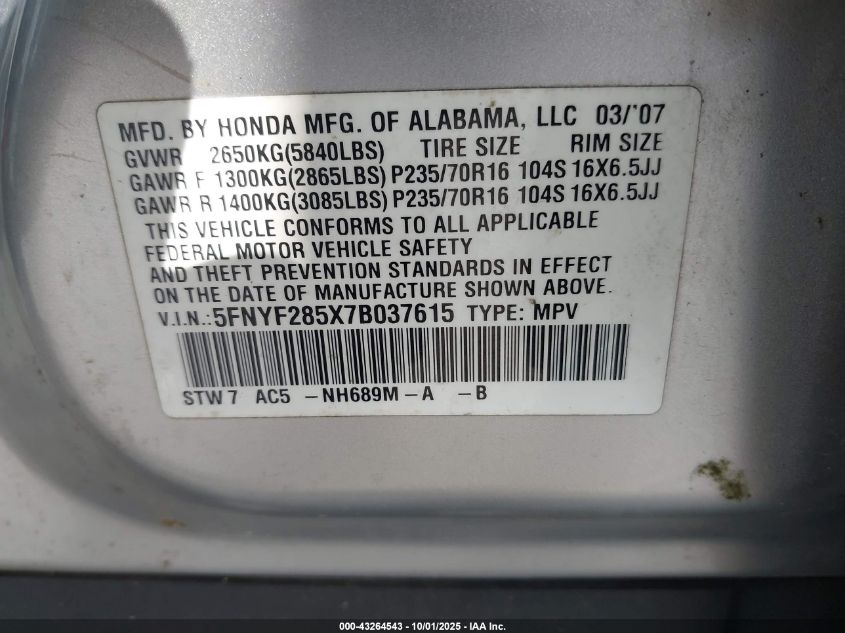 2007 Honda Pilot Ex-L VIN: 5FNYF285X7B037615 Lot: 43264543