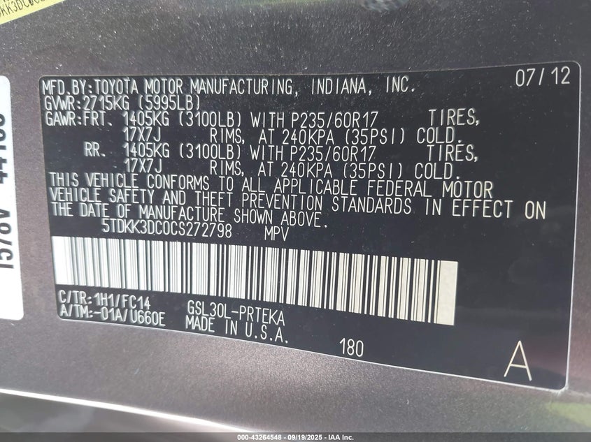 2012 Toyota Sienna Le V6 8 Passenger VIN: 5TDKK3DC0CS272798 Lot: 43264548