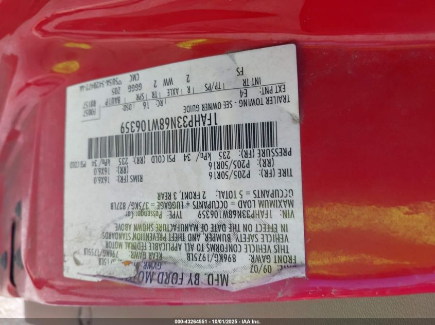 2008 Ford Focus Se/Ses VIN: 1FAHP33N68W106359 Lot: 43264551