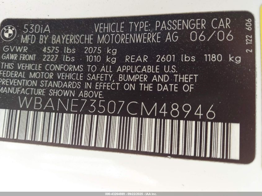 2007 BMW 530I VIN: WBANE73507CM48946 Lot: 43264569