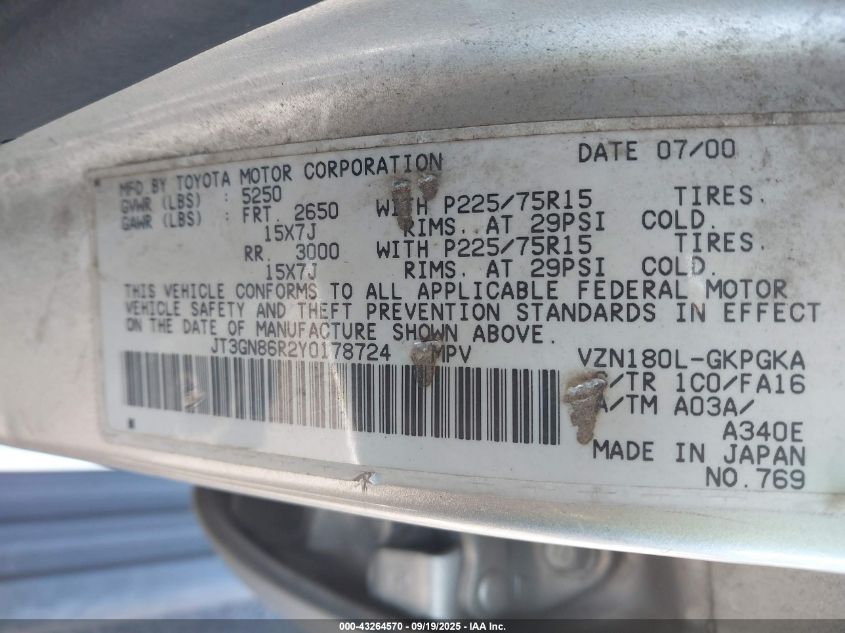 2000 Toyota 4Runner Sr5 V6 VIN: JT3GN86R2Y0178724 Lot: 43264570