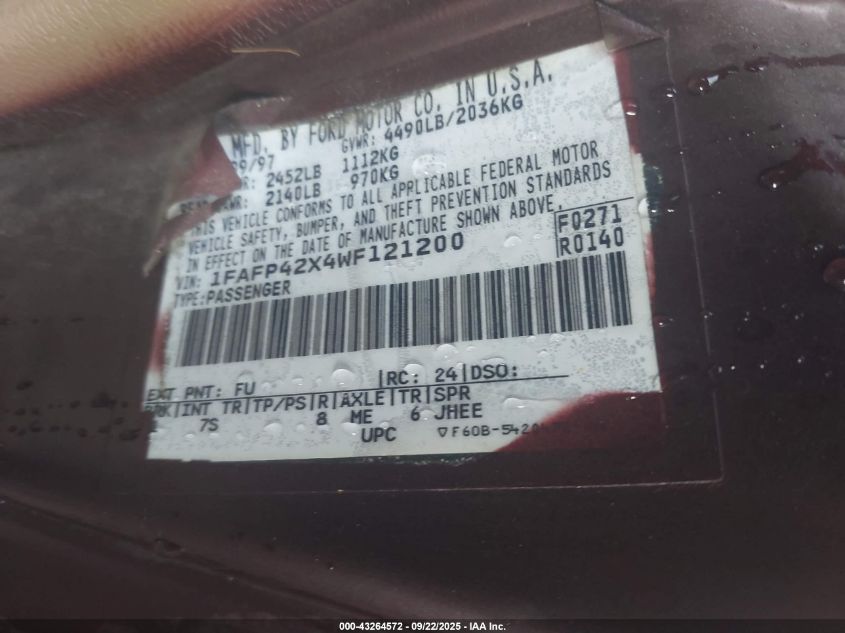 1998 Ford Mustang Gt VIN: 1FAFP42X4WF121200 Lot: 43264572