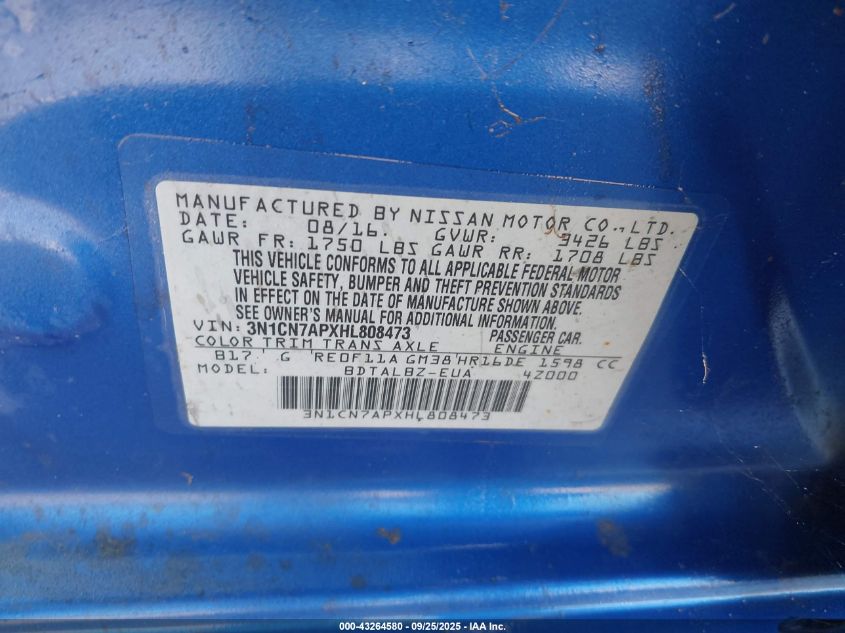2017 Nissan Versa 1.6 Sv VIN: 3N1CN7APXHL808473 Lot: 43264580